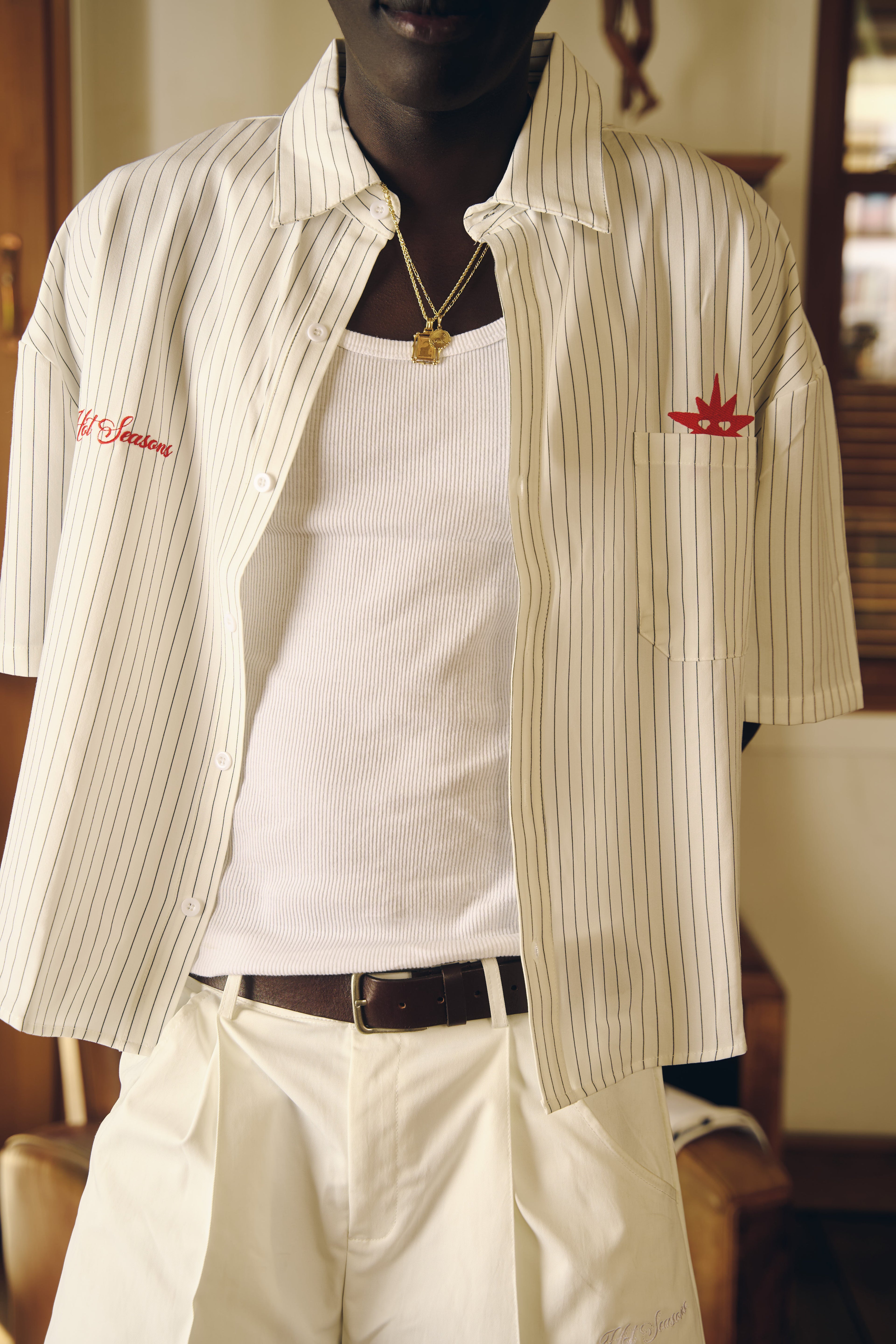 Pinstripes Crest White Button Shirt
